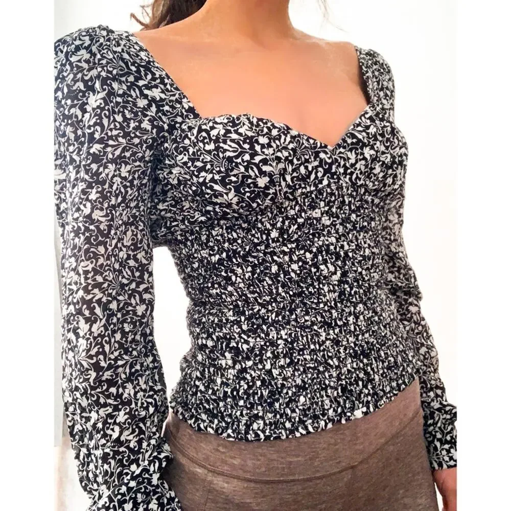 REFORMATION Floral Long Sleeve Smocked Top